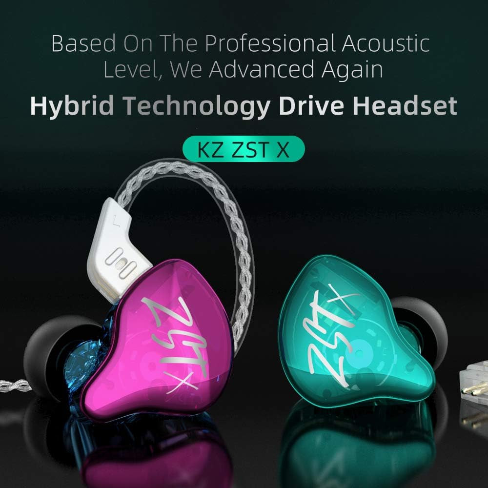 KZ ZST X Hybrid In-Ear Earphones, Purple | Hifi Musician Monitor Earbuds, Detachable 2-Pin Cable, 10Mm DD+BA, Noise-Isolating, In-Ear Headphones, Gaming IEM