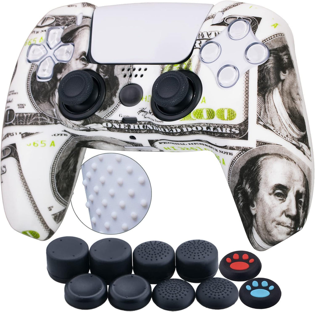 Water Transfer Printing Silicone Thickened Cover Skin Case for PS5 Controller X 1(US Dollars) with Thumb Grips X 10
