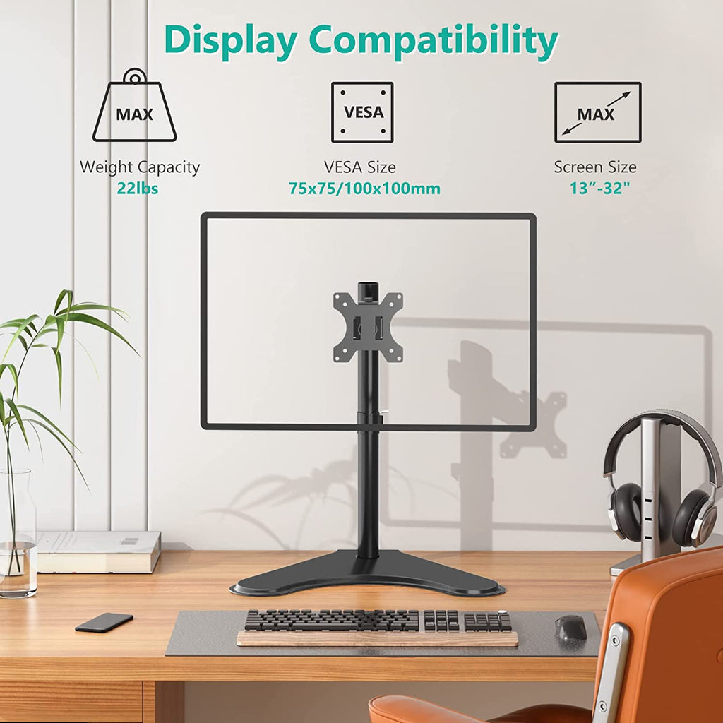 Freestanding Vesa Monitor Stand for 13-32 Inch Screens, up to 22 Lbs | Single Monitor Stand for Desk, Full Motion with Height Adjustment, Tilt, Swivel, Rotation, VESA 75/100Mm (MF001), Black