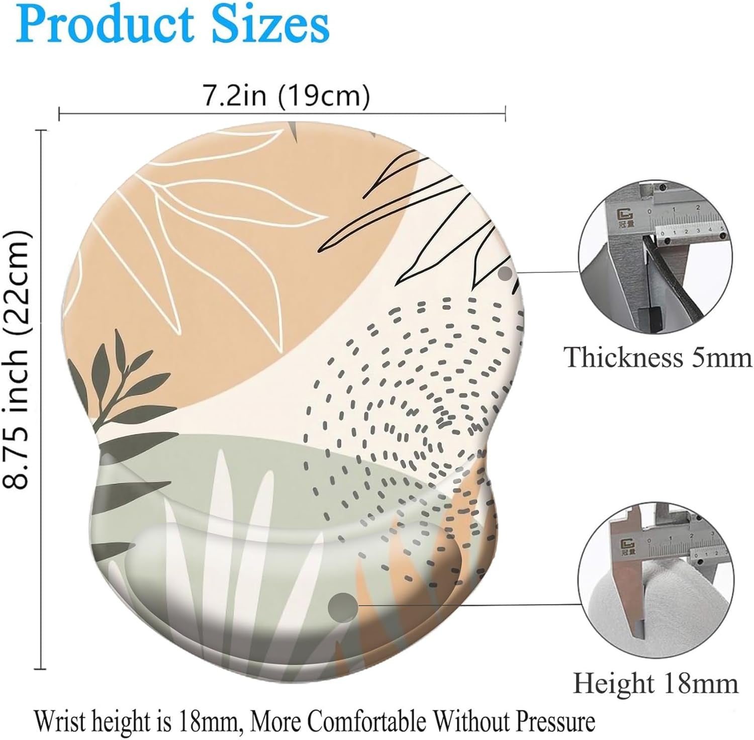 Ergonomic Mouse Pad with Wrist Support, Pain Relief Comfort Wrist Rest Pad with Non-Slip PU Base for Gaming, Home, Office & Travel, Abstract Boho Leaves