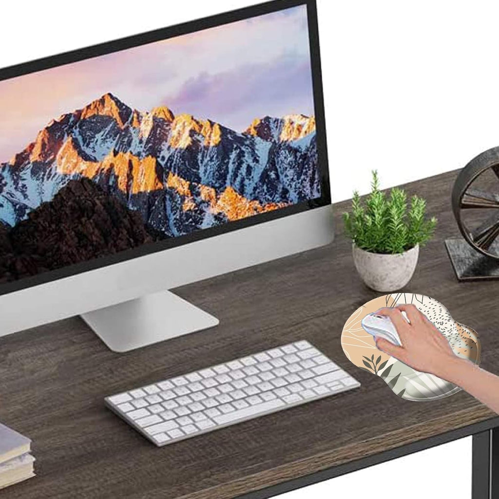 Ergonomic Mouse Pad with Wrist Support, Pain Relief Comfort Wrist Rest Pad with Non-Slip PU Base for Gaming, Home, Office & Travel, Abstract Boho Leaves
