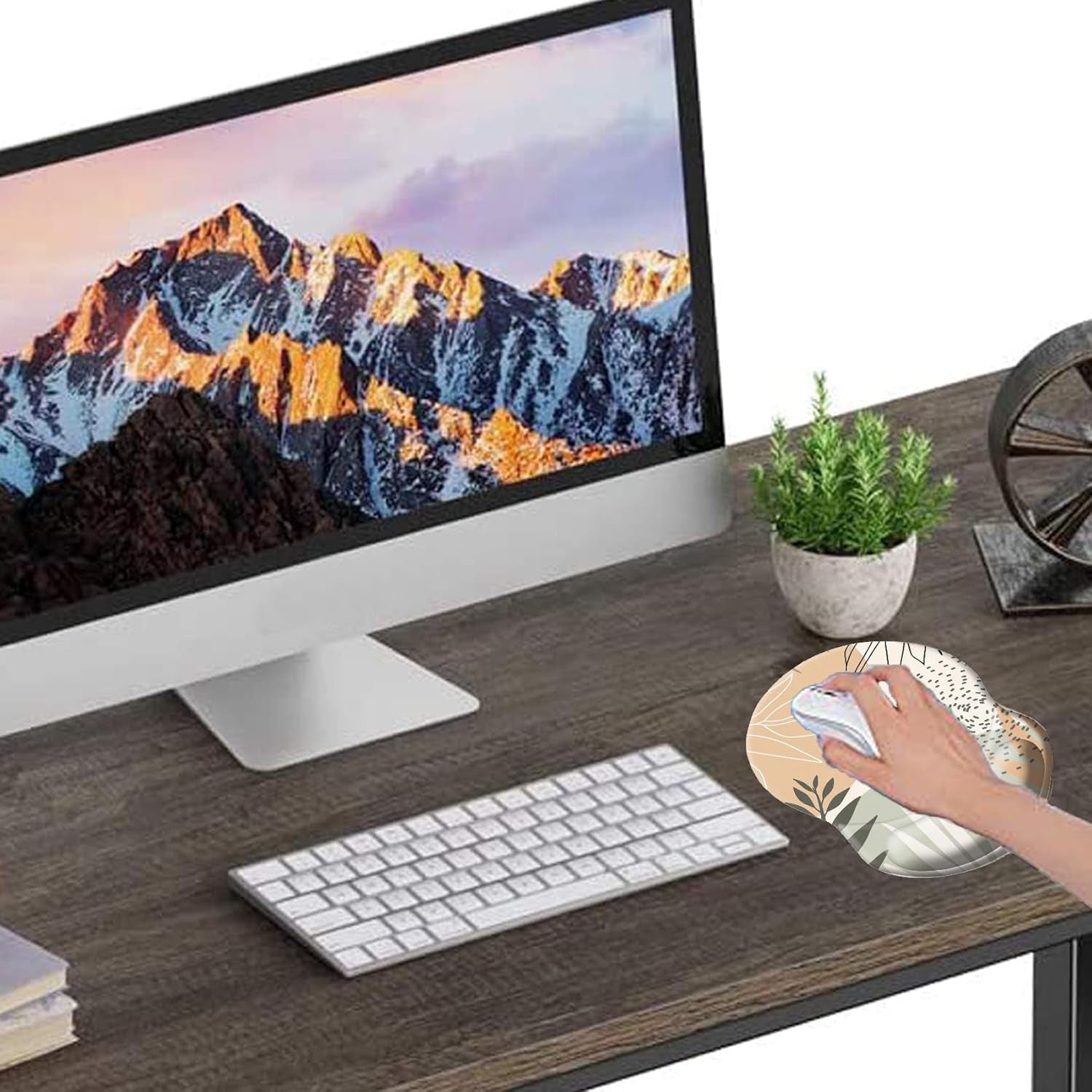 Ergonomic Mouse Pad with Wrist Support, Pain Relief Comfort Wrist Rest Pad with Non-Slip PU Base for Gaming, Home, Office & Travel, Abstract Boho Leaves