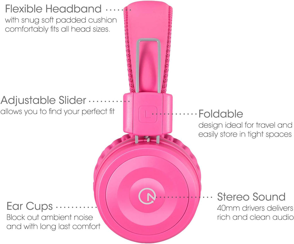 K22 Kids Headphones Wired 3.5Mm Jack, Foldable, Flamingo Pink | Stereo Tangle-Free 5Ft Long Cord, Plug-In, On-Ear Headset for Children, Boys, Girls, Ipad, School, Kindle, Travel, Plane