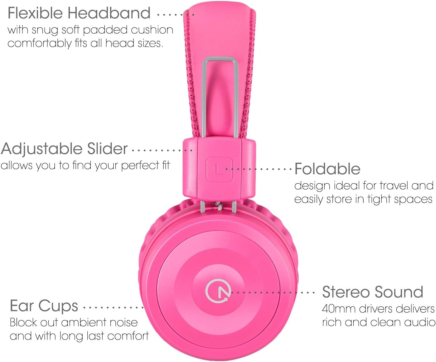 K22 Kids Headphones Wired 3.5Mm Jack, Foldable, Flamingo Pink | Stereo Tangle-Free 5Ft Long Cord, Plug-In, On-Ear Headset for Children, Boys, Girls, Ipad, School, Kindle, Travel, Plane