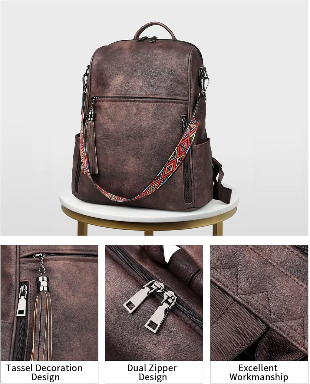 Leather Backpack for Women, 13 Inch, Travel Work Bag | Waterproof Vegan Leather Backpack Fits 13 Laptop, Water Bottle Pocket