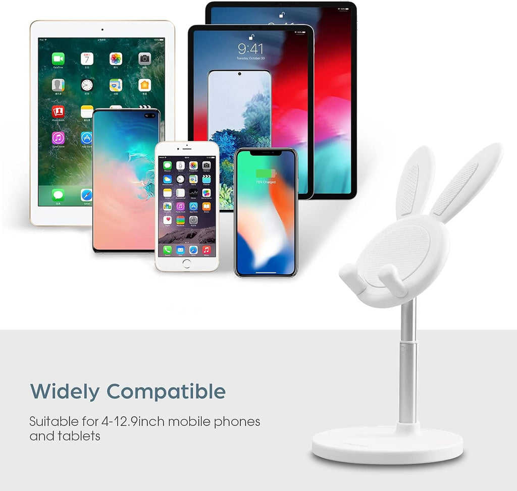 Cute Bunny Rabbit Phone Stand, Adjustable Desk Phone & Tablet Holder | Height & Angle Adjustable, Anti-Slip with Charging Hole,Gifts for Women Girls, Universal for 4-12.9In Phones & Tablets