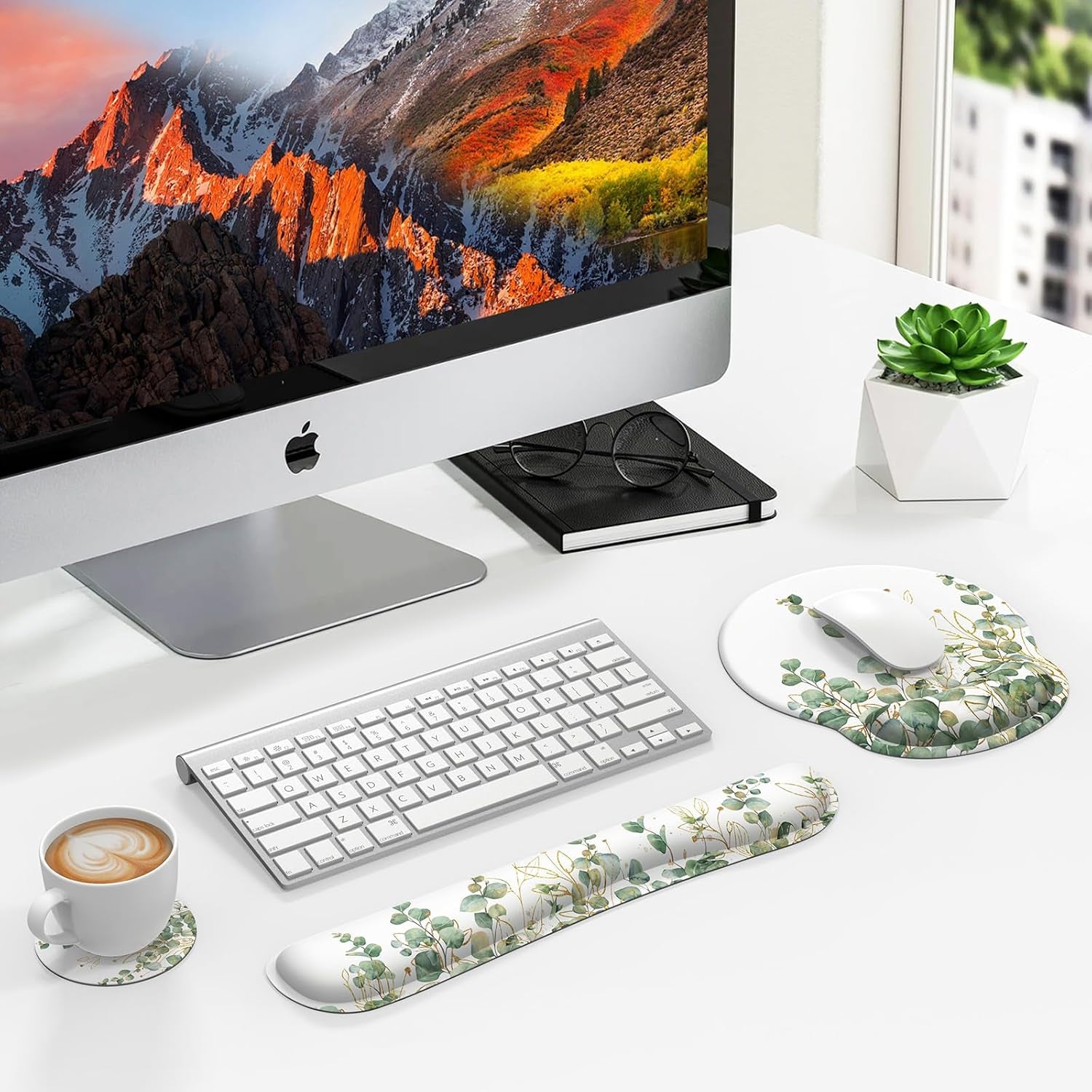 Mouse Pad with Wrist Rest Set,Ergonomic Mousepad with Wrist Support | Mouse Pad Set with Easy Typing & Pain Relief, Non-Slip Base Keyboard Wrist Rest for Computer Home Office, Eucalyptus, 3 PCS