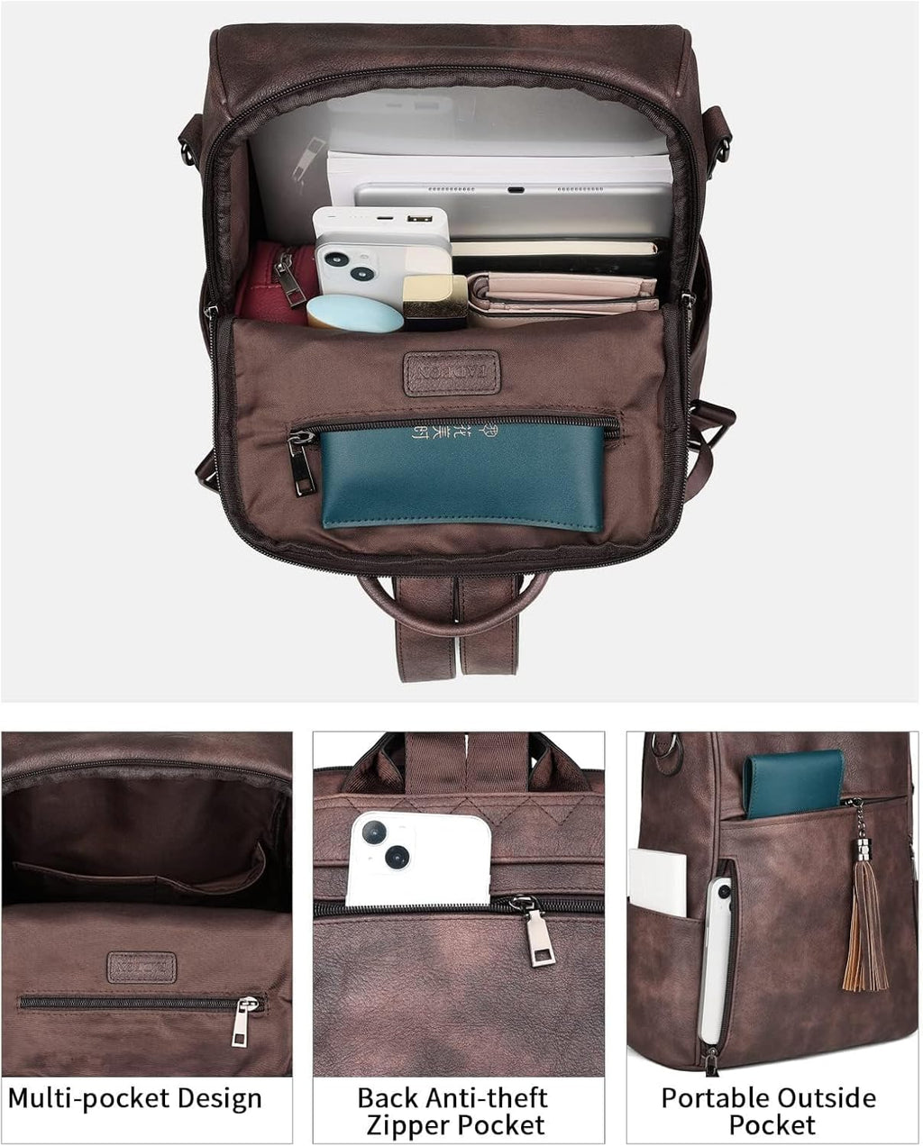 Leather Backpack for Women, 13 Inch, Travel Work Bag | Waterproof Vegan Leather Backpack Fits 13 Laptop, Water Bottle Pocket