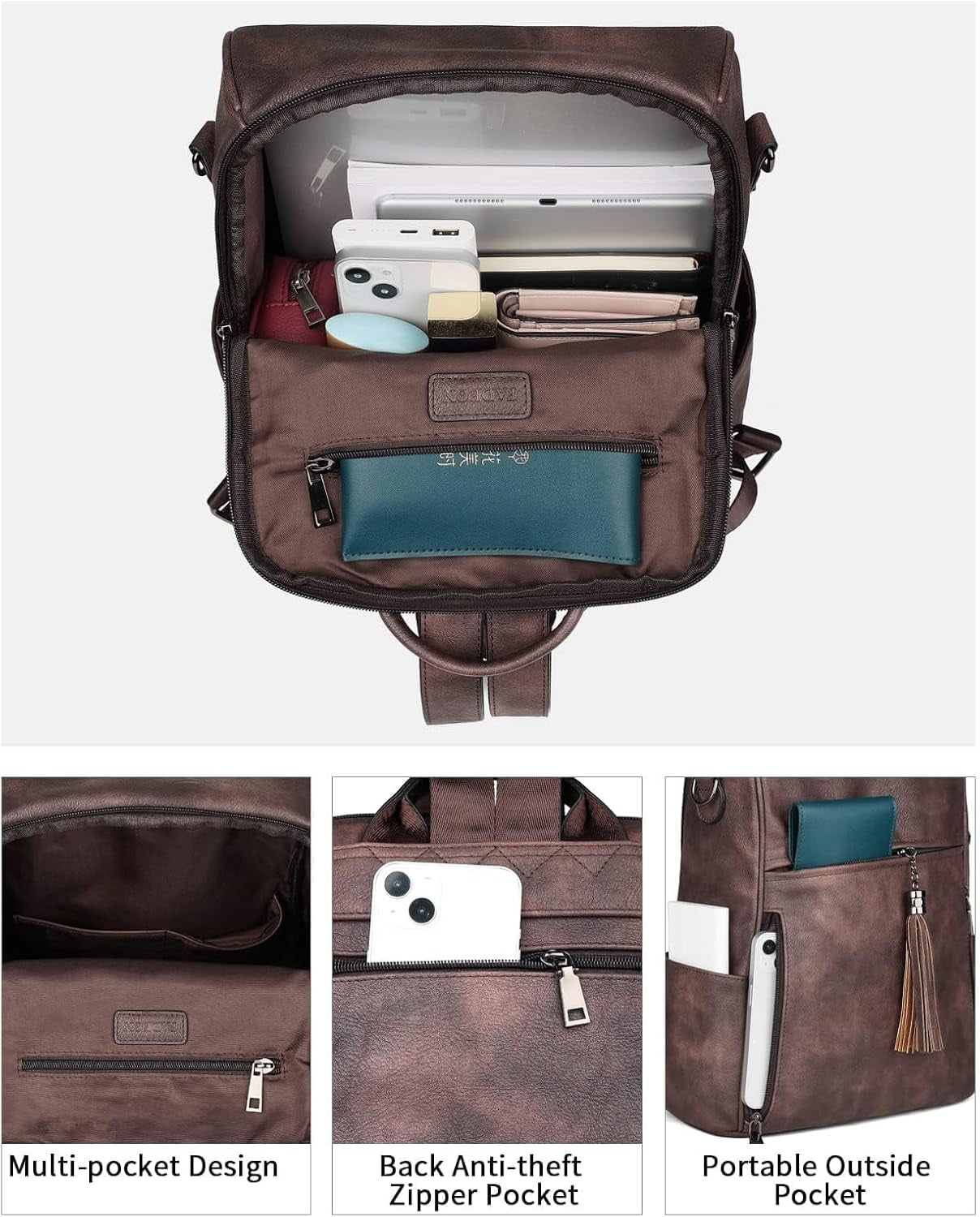 Leather Backpack for Women, 13 Inch, Travel Work Bag | Waterproof Vegan Leather Backpack Fits 13 Laptop, Water Bottle Pocket