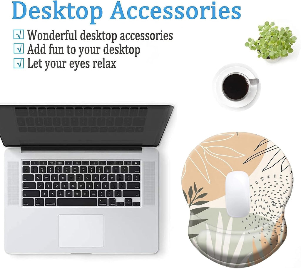 Ergonomic Mouse Pad with Wrist Support, Pain Relief Comfort Wrist Rest Pad with Non-Slip PU Base for Gaming, Home, Office & Travel, Abstract Boho Leaves
