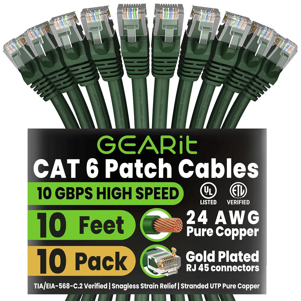 Cat6 Patch Cables Cat 6 Ethernet Cable 10 Ft 10-Pack Green | Ethernet Patch Cable, 10Gbps 550Mhz 24AWG Pure Copper, Snagless, Gold Plated RJ45 for Router, Server, Router, PC