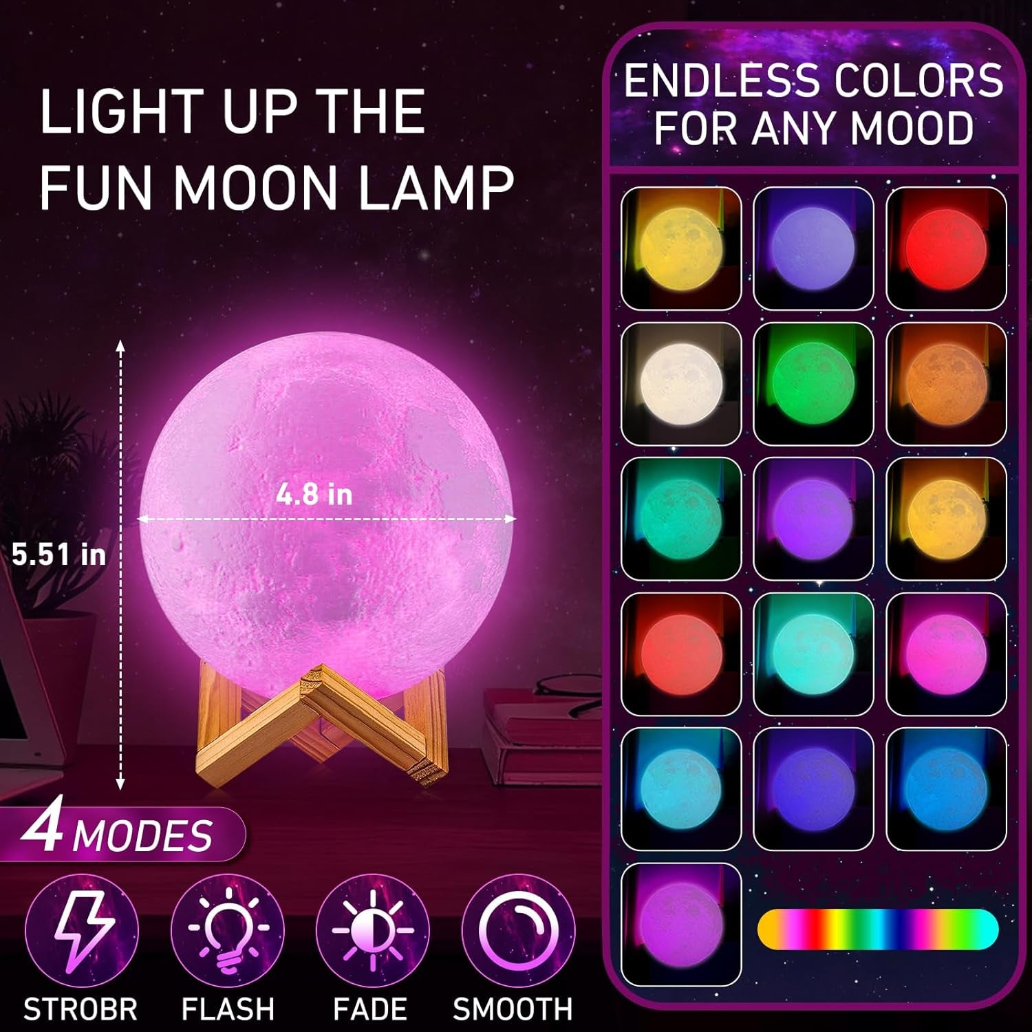 Moon Lamp, 16 Colors LED Night Light with Remote/Touch, Timer/Dimming 4.8In | 3D Printed Moon Light with Stand, 4 Modes, Kids Night Light for Bedroom Decor, Gifts for Kid Friend for Birthday Christmas