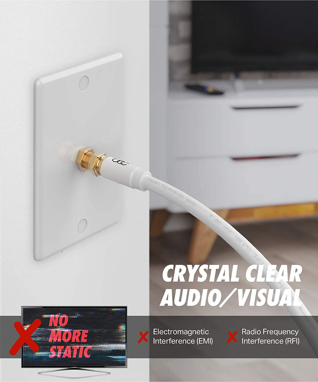 RG6 Coaxial Cable 30 FT, CL3 White Coax Cord TV Cable Wire, In-Wall Rated-Digital Audio Video Satellite Cable Extension, Gold Plated Compression Connectors - White