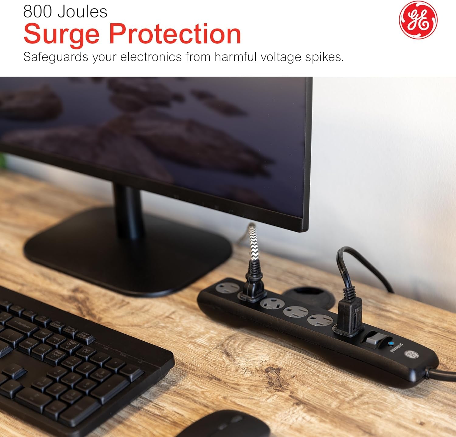 GE Surge Protector Power Strip, 15 Ft Extension Cord, 6 Outlet Extender