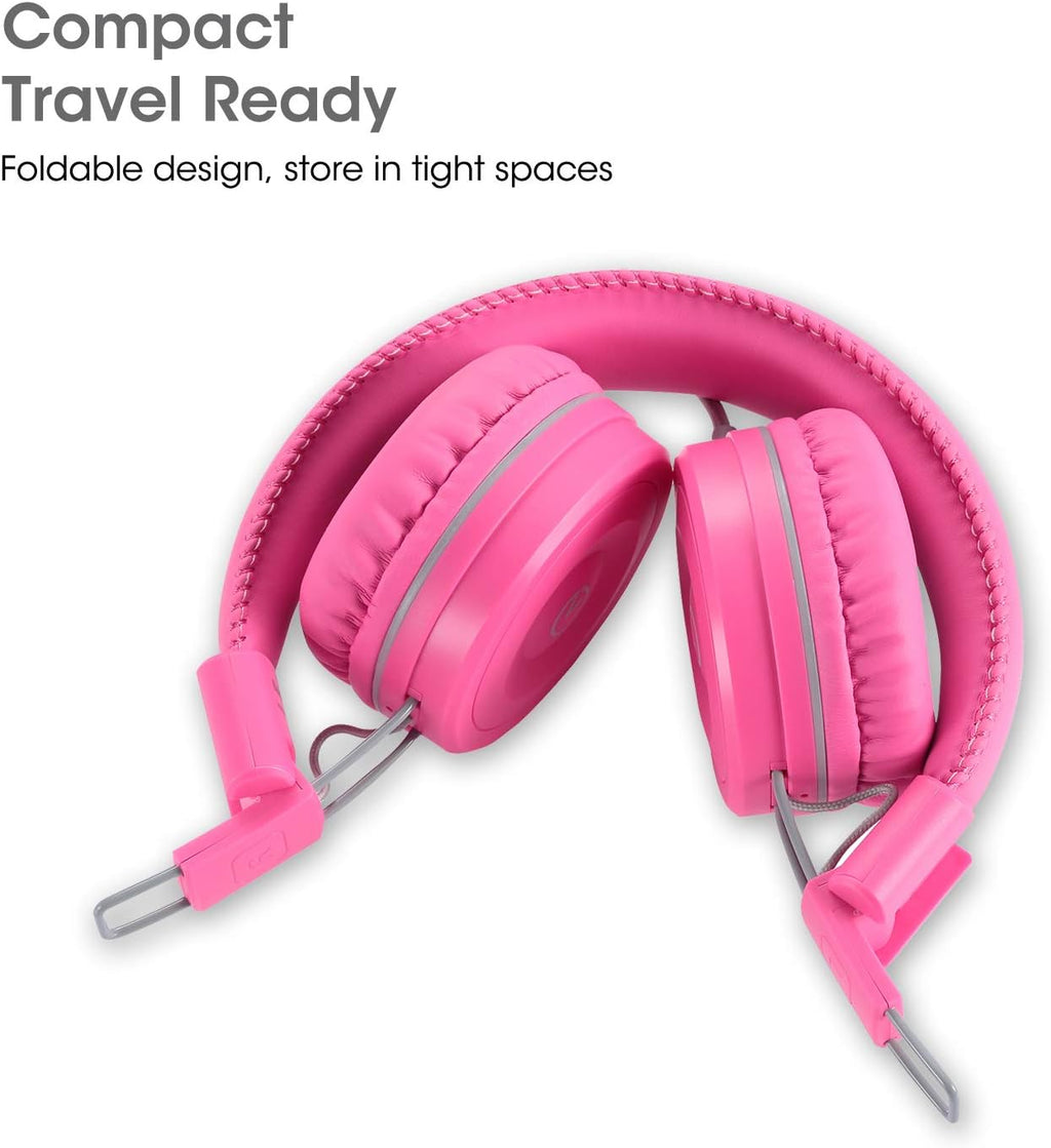 K22 Kids Headphones Wired 3.5Mm Jack, Foldable, Flamingo Pink | Stereo Tangle-Free 5Ft Long Cord, Plug-In, On-Ear Headset for Children, Boys, Girls, Ipad, School, Kindle, Travel, Plane
