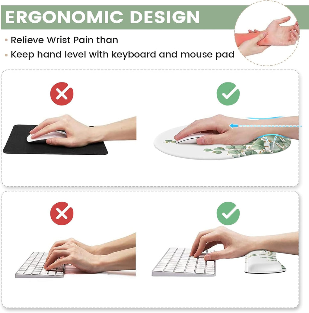 Mouse Pad with Wrist Rest Set,Ergonomic Mousepad with Wrist Support | Mouse Pad Set with Easy Typing & Pain Relief, Non-Slip Base Keyboard Wrist Rest for Computer Home Office, Eucalyptus, 3 PCS