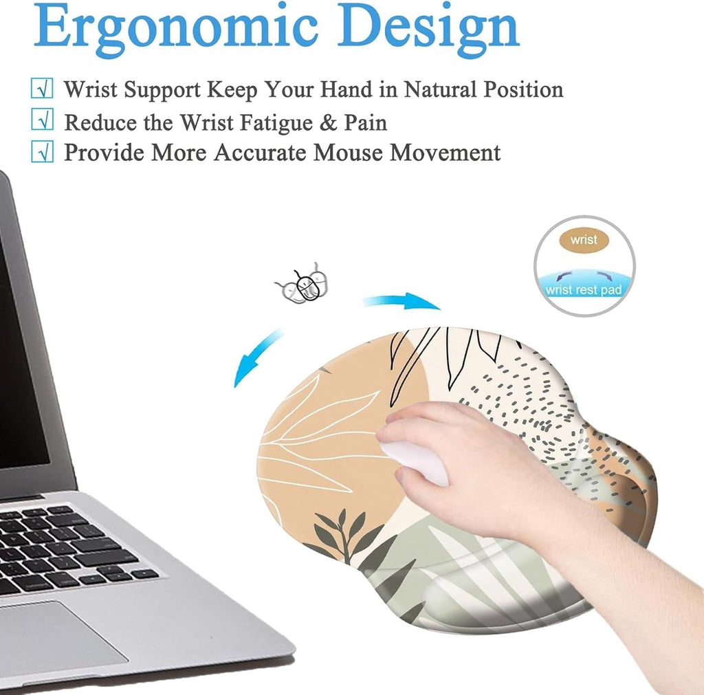Ergonomic Mouse Pad with Wrist Support, Pain Relief Comfort Wrist Rest Pad with Non-Slip PU Base for Gaming, Home, Office & Travel, Abstract Boho Leaves