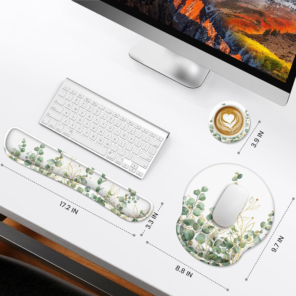 Mouse Pad with Wrist Rest Set,Ergonomic Mousepad with Wrist Support | Mouse Pad Set with Easy Typing & Pain Relief, Non-Slip Base Keyboard Wrist Rest for Computer Home Office, Eucalyptus, 3 PCS