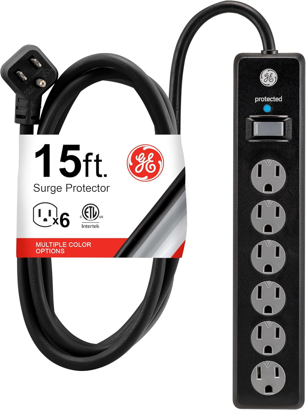 GE Surge Protector Power Strip, 15 Ft Extension Cord, 6 Outlet Extender