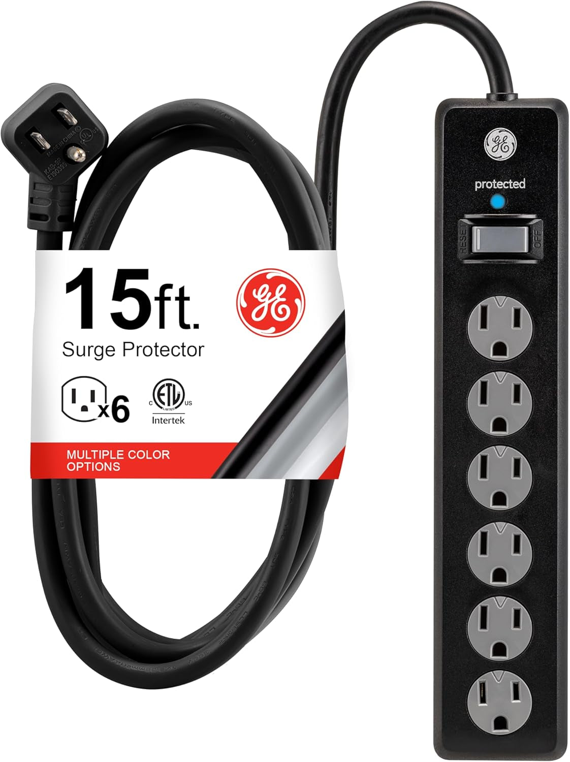 GE Surge Protector Power Strip, 15 Ft Extension Cord, 6 Outlet Extender