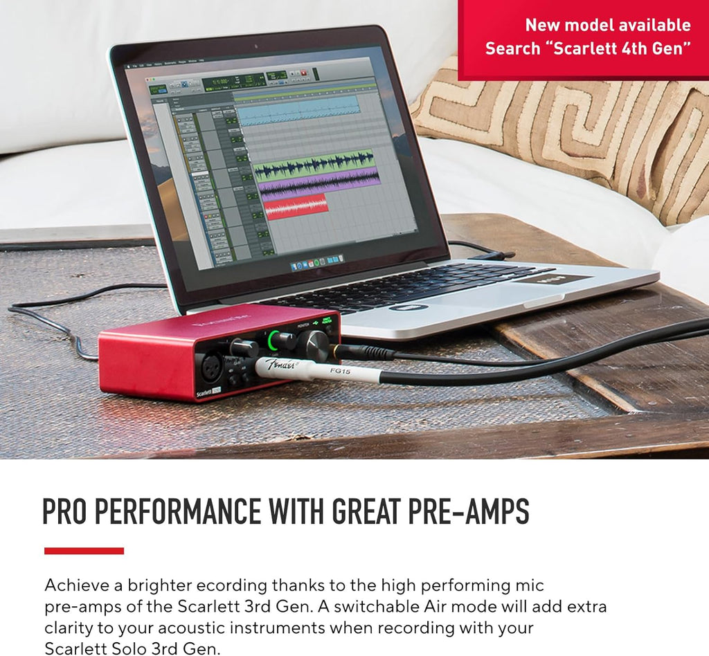Scarlett Solo 3Rd Gen USB-C Audio Interface | 1 XLR Mic Preamp, 1 Hi-Z Instrument Input, 24-Bit/192Khz, 56Db Gain Range, Air Mode, Macos/Windows/Ipados Compatible