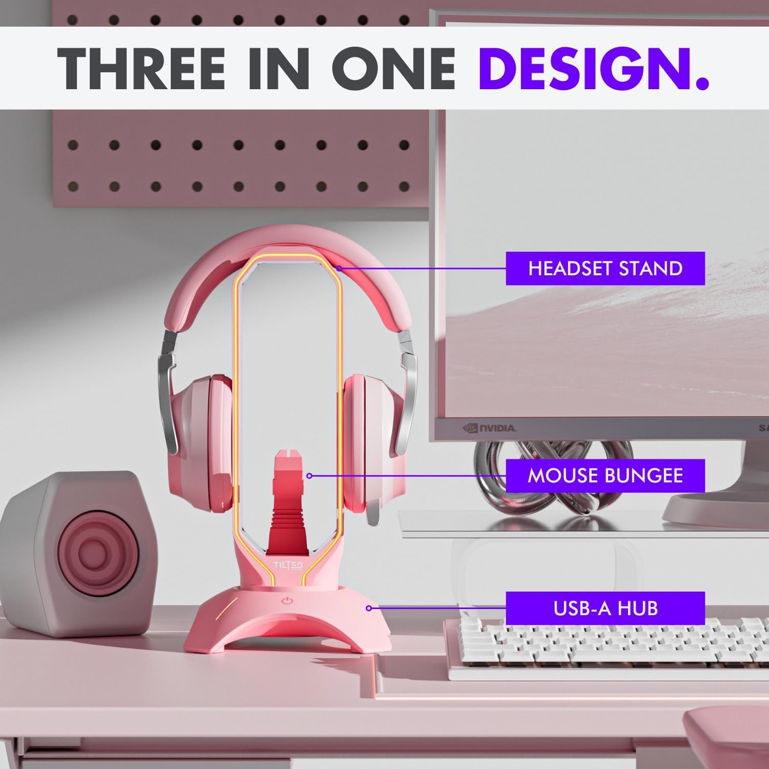 Cute Headphone Stand Pink | Headset Stand with RGB, Mouse Bungee Holder, and 2 Port USB Hub Charger - Desk Gaming Accessories