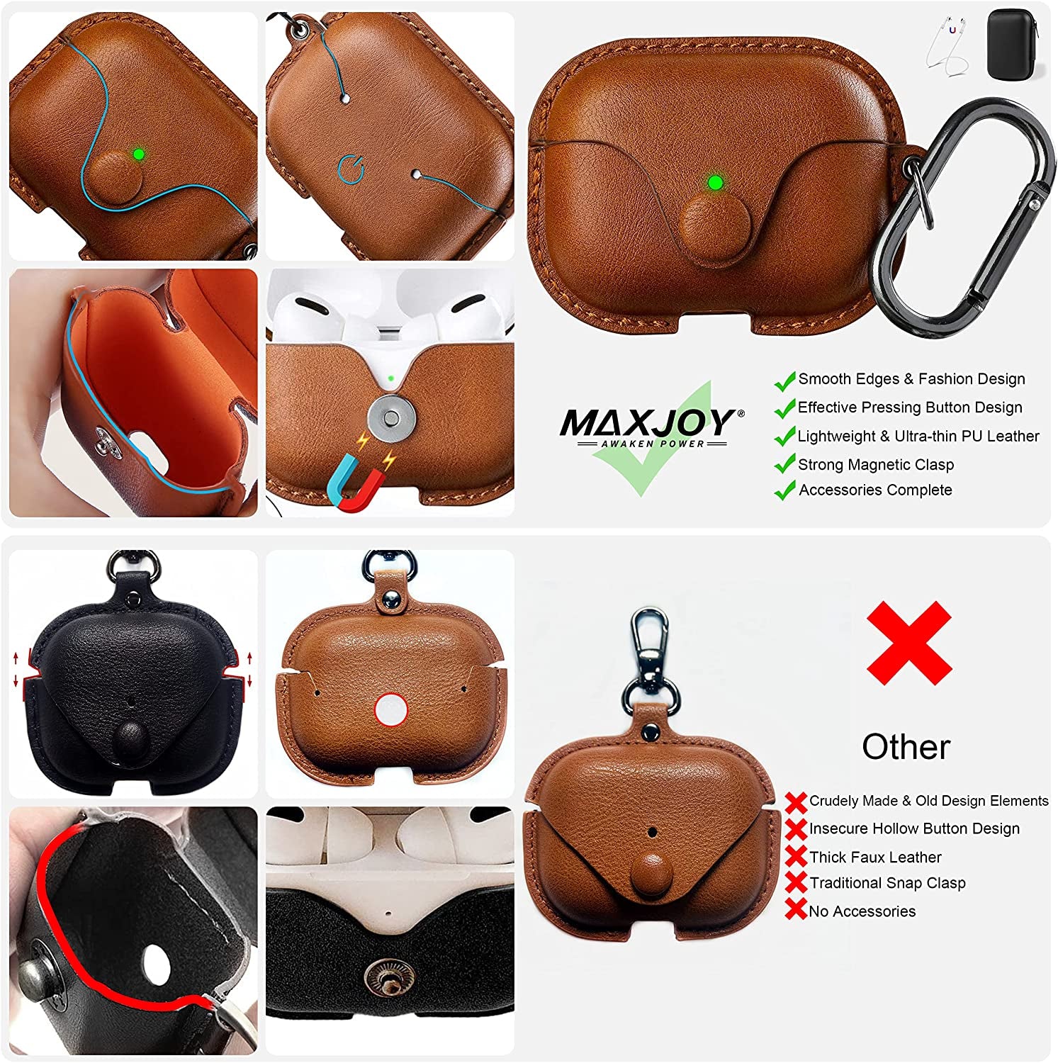 for Airpods Pro 1St/2Nd Case Leather with Keychain, Brown | Soft PU Leather, One Piece Airpods Pro 1St/2Nd Case, Shockproof Protective Cover, Front LED Charging Visible