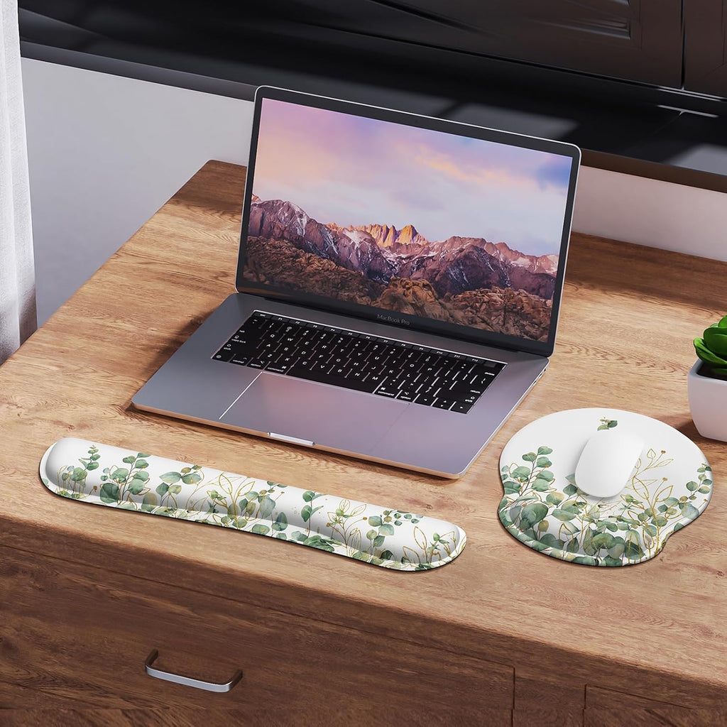Mouse Pad with Wrist Rest Set,Ergonomic Mousepad with Wrist Support | Mouse Pad Set with Easy Typing & Pain Relief, Non-Slip Base Keyboard Wrist Rest for Computer Home Office, Eucalyptus, 3 PCS
